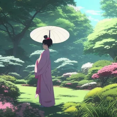 Anime figure with a parasol in a kimono garden