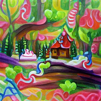 Vibrant candy-style oil painting of a small cottage