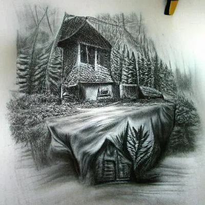 Charcoal sketch of a forest cabin
