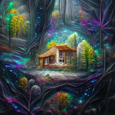 Cosmic fantasy cabin glowing in a magical forest
