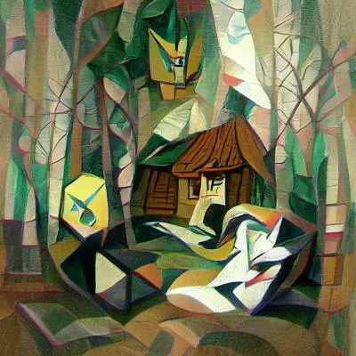 Cubist painting of a wood cabin among trees
